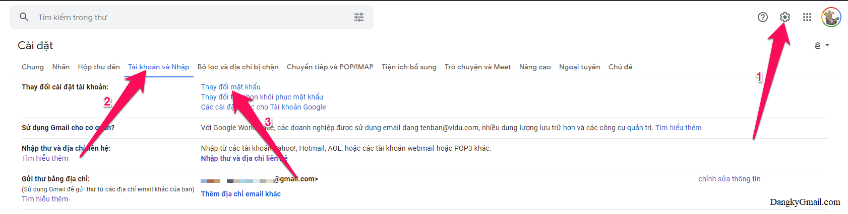 Hoặc từ hòm thư Gmail, nhấn vào biểu tượng bánh xe cạnh Avatar góc trên cùng bên phải → Xem tất cả chế độ cài đặt → Tài khoản và Nhập → Thay đổi mật khẩu