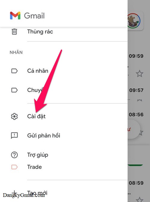 Mở ứng dụng Gmail nhấn nút 3 gạch ngang góc trên cùng bên trái chọn Cài đặt
