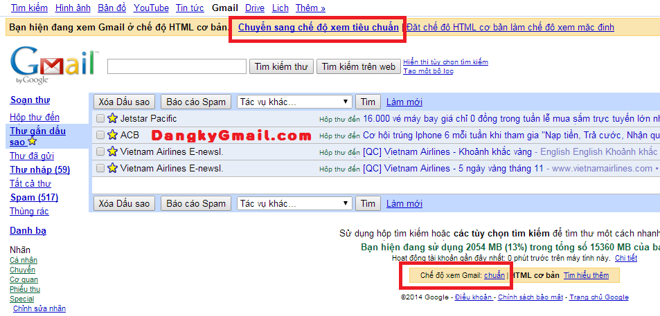 Giao diện Gmail với chế độ HTML