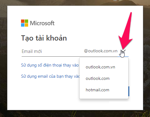 Chọn tên email Outlook, Hotmail