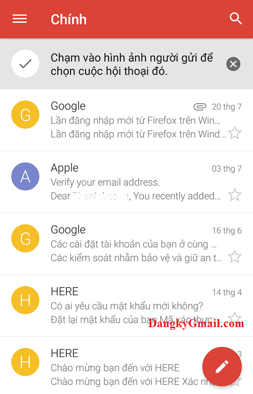 Giao diện hộp thư đến của ứng dụng Gmail