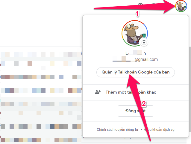 Tại hòm thư Gmail, bạn nhấn vào Hình đại diện của bạn (góc trên cùng bên phải) sau đó nhấn nút Quản lý Tài khoản Google của bạn
