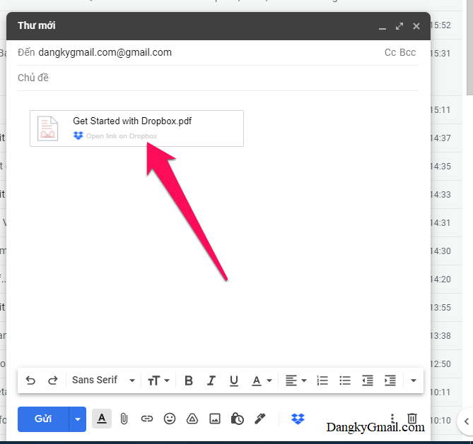 File đính kèm từ Dropbox sẽ hiển thị như hình dưới trong email gửi đi và email người nhận