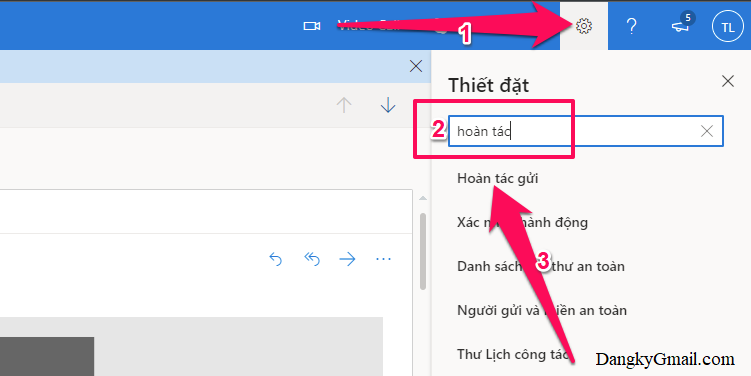 Trong hòm thư Outlook, nhấn nút bánh xe góc trên cùng bên phải, tìm kiếm với từ khóa hoàn tác , nhấn vào kết quả Hoàn tác gửi