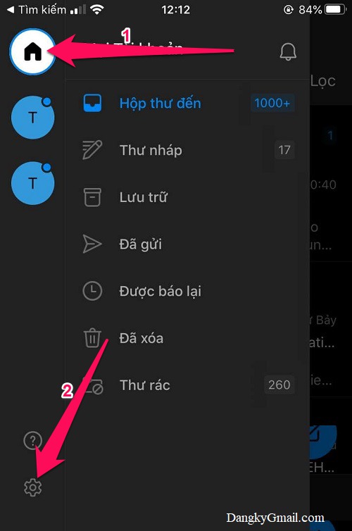 Trong app Outlook, nhấn nút Home góc trên cùng bên trái, nhấn tiếp nút bánh xe (cài đặt)