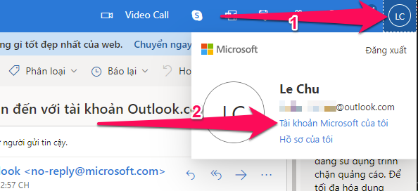 Trong hòm thư Outlook, bạn nhấn vào ảnh đại diện (avatar) góc trên cùng bên phải, nhấn tiếp vào phần Tài khoản Microsoft của tôi