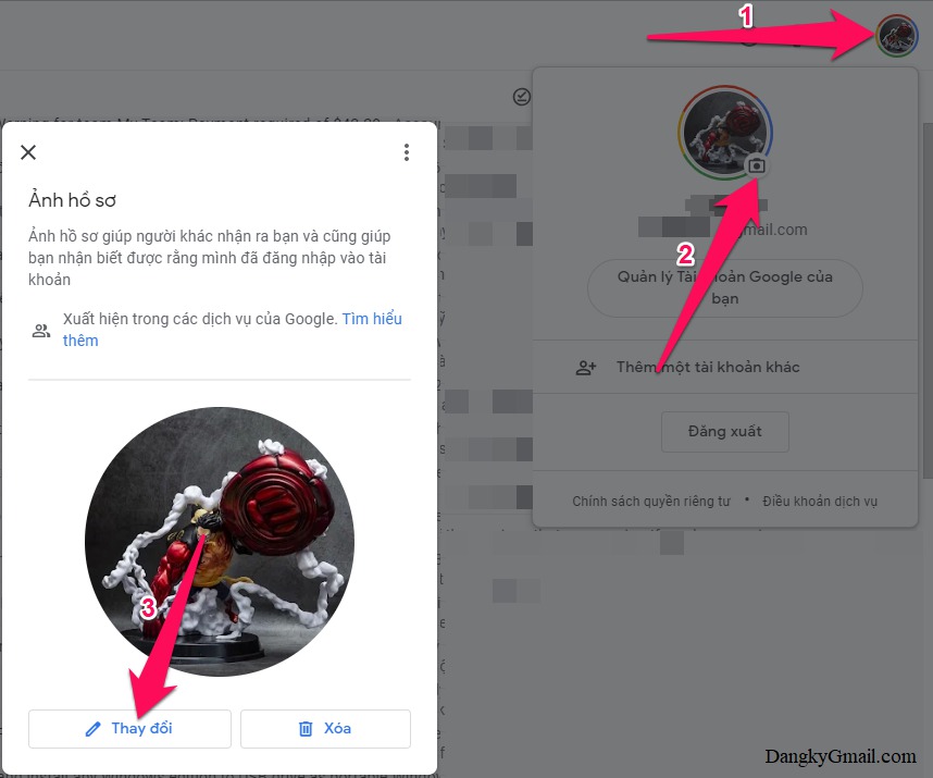 Trong hòm thư Gmail nhấn vào ảnh đại diện avatar của bạn góc trên cùng bên phải, tiếp đó nhấn vào hình máy ảnh bên cạnh ảnh đại diện, cửa sổ Ảnh hồ sơ hiện lên, bạn nhấn nút Thay đổi