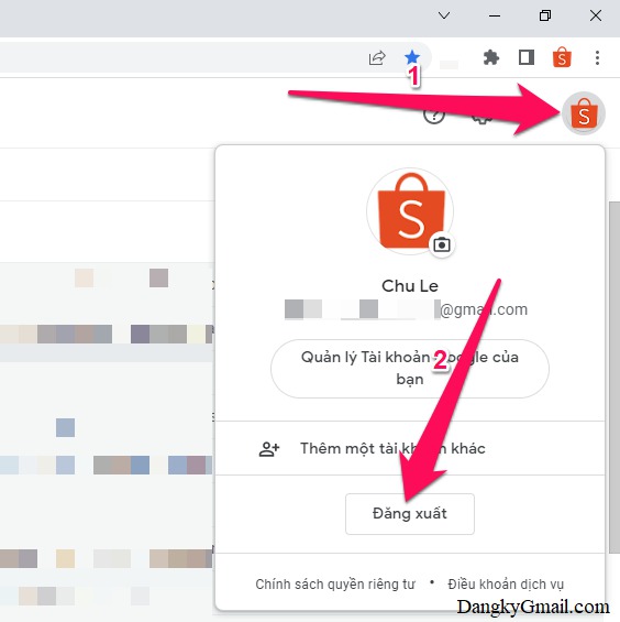 Để đăng xuất tài khoản Gmail trên máy tính bạn nhấn vào ảnh đại diện Gmail góc trên cùng bên phải rồi nhấn tiếp nút Đăng xuất