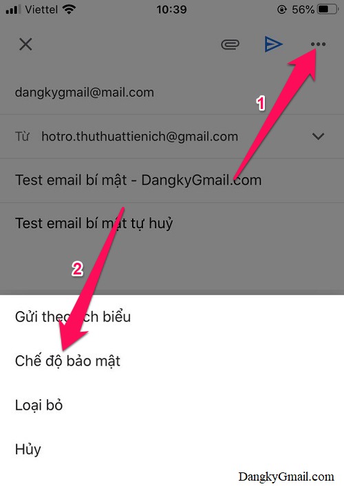 Trong ứng dụng Gmail bạn nhấn nút Soạn thư mới, trong cửa sổ soạn thư mới nhấn nút … góc trên cùng bên phải chọn Chế độ bảo mật