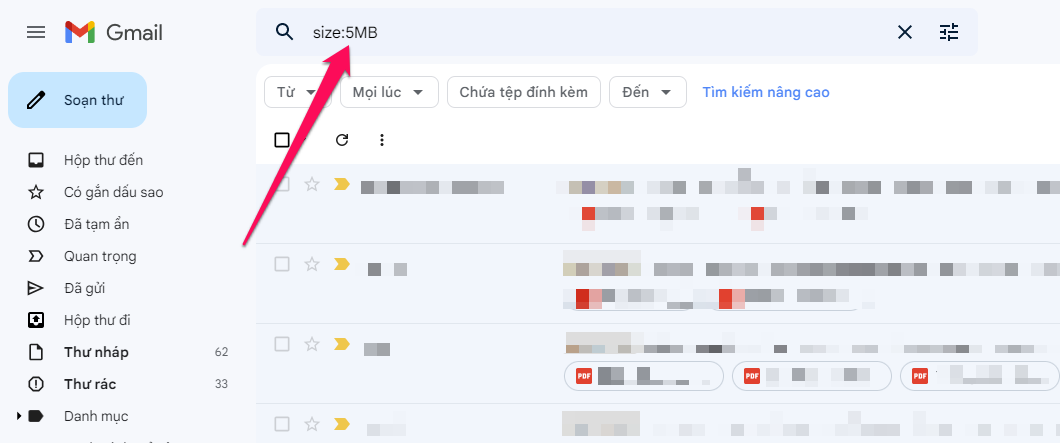 Tìm kiếm bằng từ khóa size:kích thước tập tin với khung tìm kiếm trong Gmail