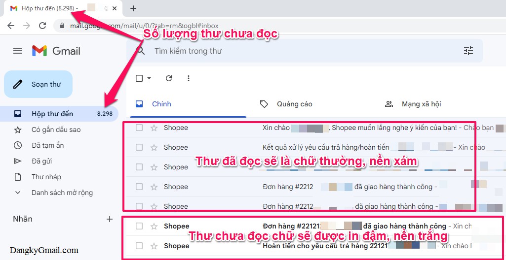Trên máy tính sử dụng trình duyệt web thì Gmail sẽ hiển thị chính xác số email bạn chưa đọc