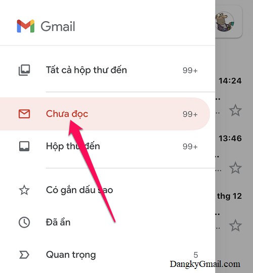 Lúc này nhấn vào menu 3 gạch ngang góc trên cùng bên trái ứng dụng Gmail bạn sẽ thấy thêm một tab mới có tên là Chưa đọc