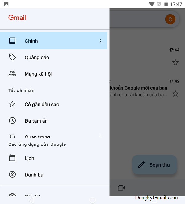 Giao diện Menu của ứng dụng Gmail
